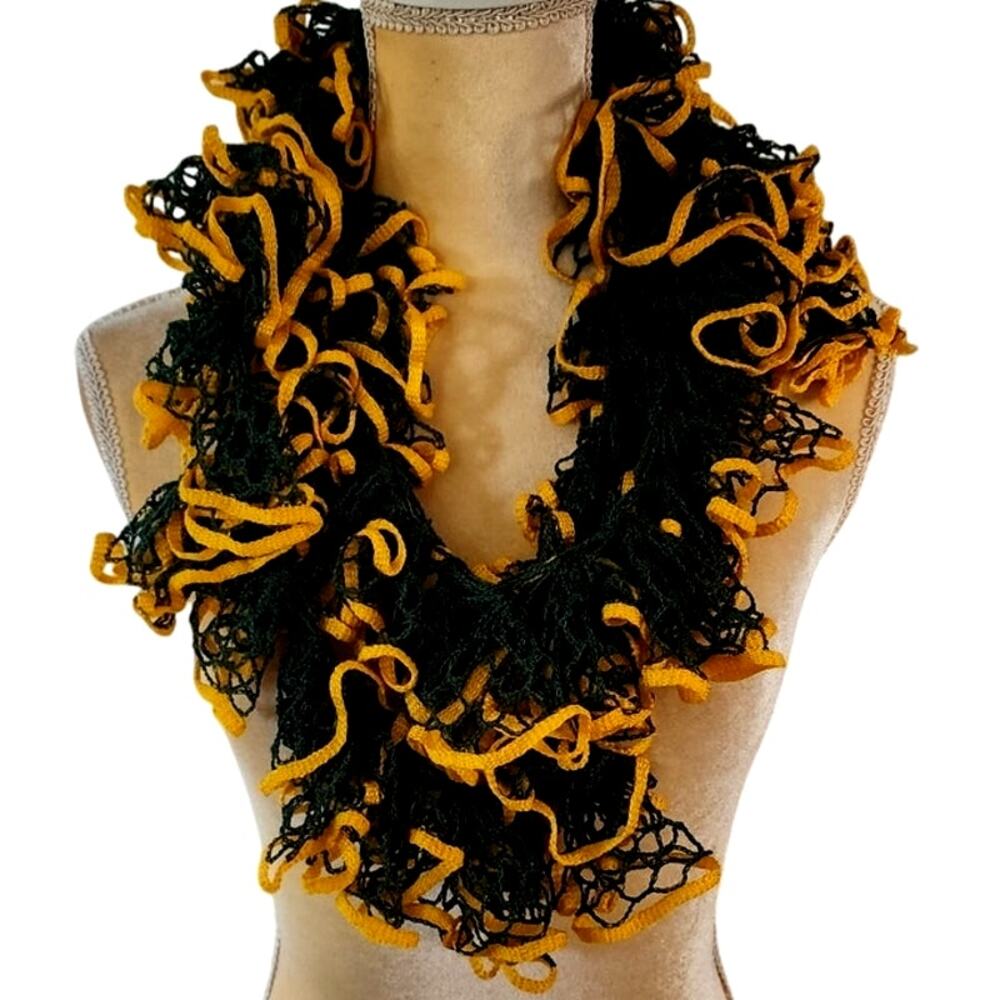 Green and Yellow Crochet Ruffle Long Scarf